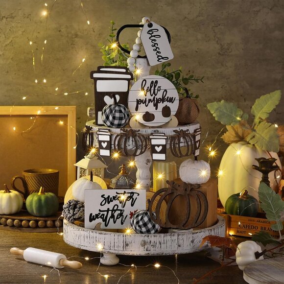 19 PCS Rustic Fall Tiered‎ Tray Decor - Autumn Pumpkins & Farmhouse Signs Set - Picture 2 of 7